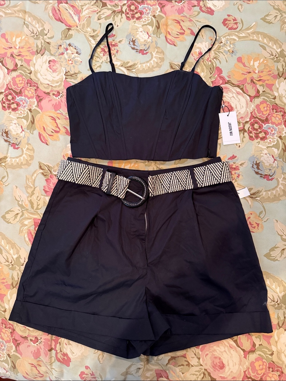 NWT Jason Wu Black Cropped Bustier Top and High-Waist Shorts Set with Woven Belt
